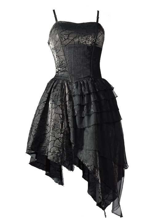 Spaghetti Strap Black Gothic Party Dress with Irregular Skirt