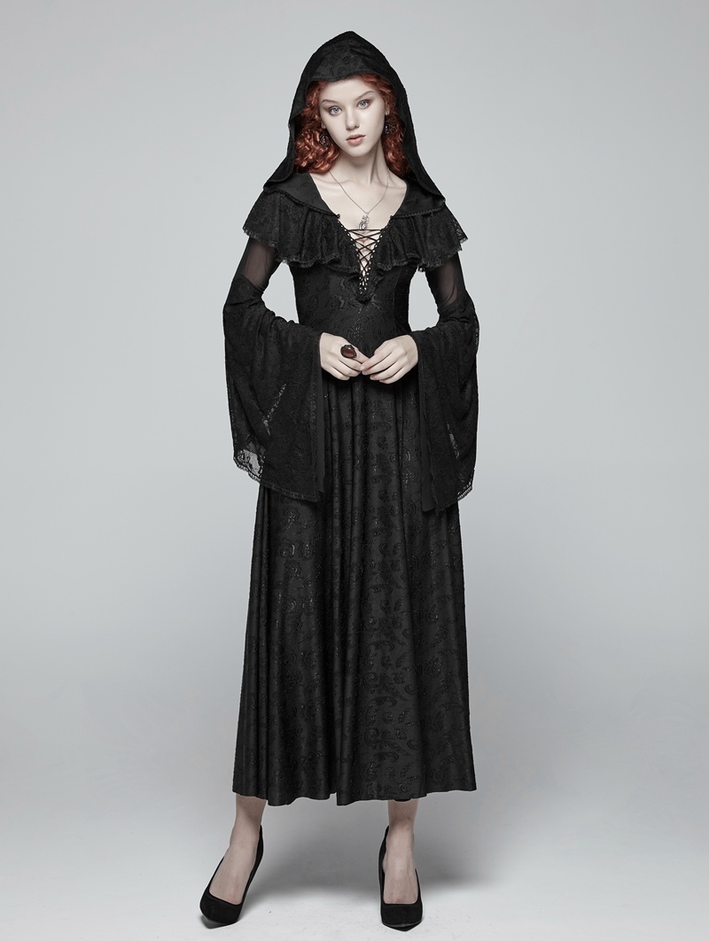 Black Gothic Lace Hooded Witch Dress