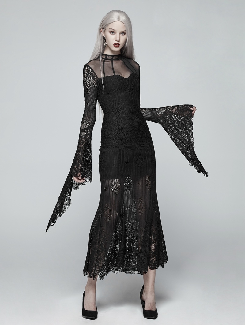 Black Gothic Daily Wear Lace Maxi Dress