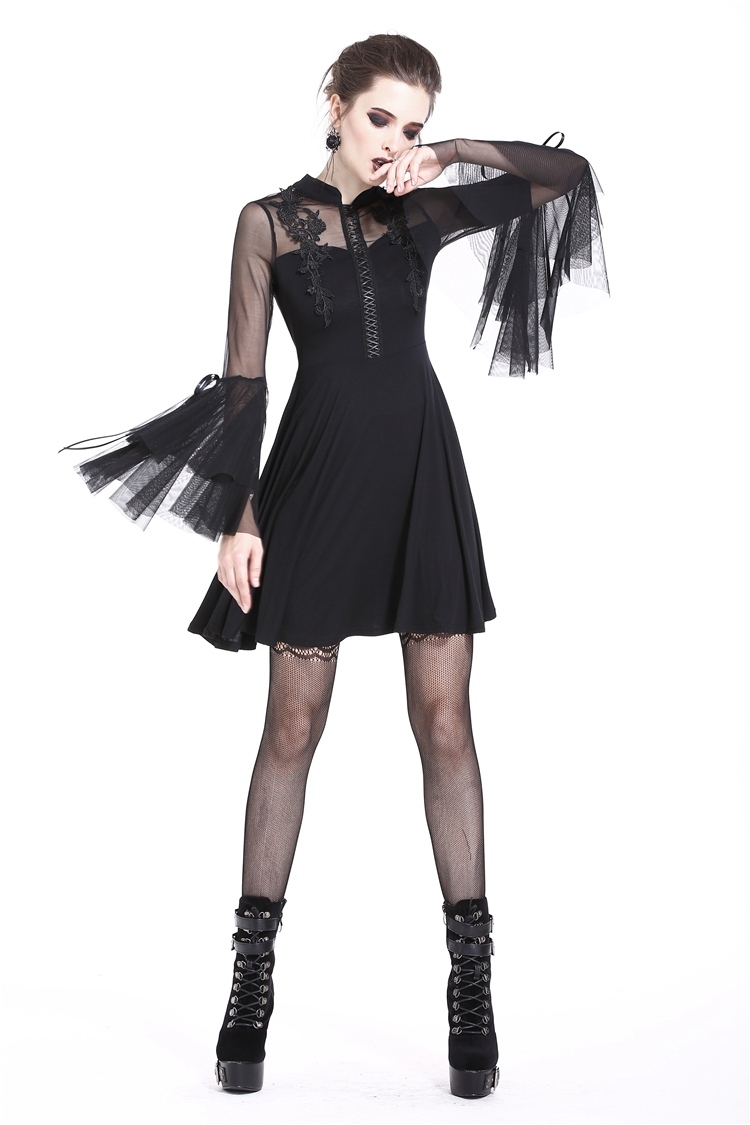 Black Cute Gothic Mesh Long Sleeves Short Dress