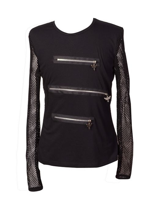 Black Long Net Sleeves Mens Gothic T-Shirt with Zippers