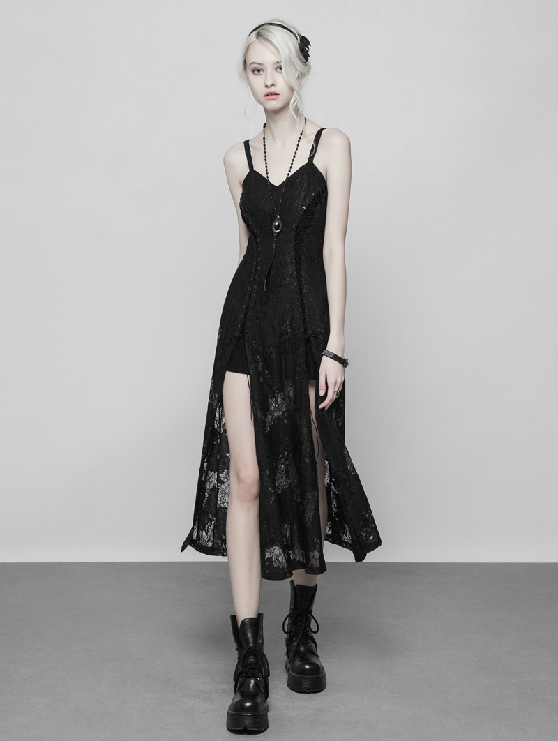 Black Gothic Lace Strap Heavy Industry Slit Long Dress