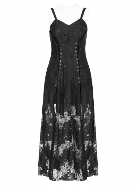 Black Gothic Lace Strap Heavy Industry Slit Long Dress - Devilnight.co.uk