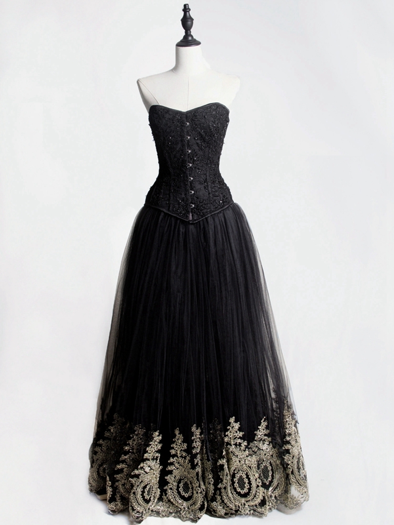 Black Gothic Corset Prom Party Long Dress with Gold Lace Hem