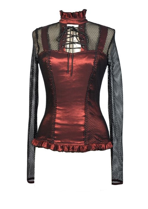 Wine Red High Collar Net Sexy Gothic T-Shirt for Women 