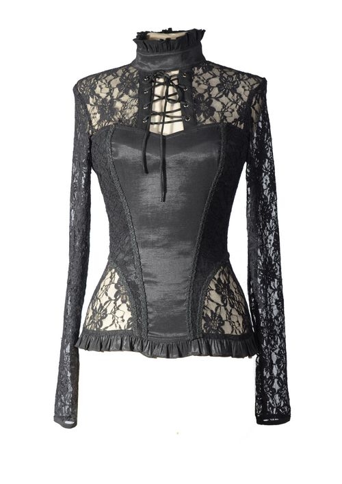 Black Sexy Lace Long Sleeves Gothic T-Shirt Tops for Women 