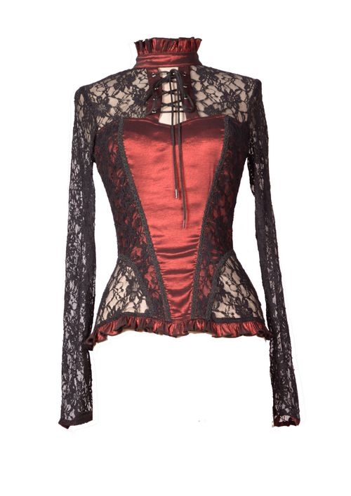 Wine Red Sexy Lace Long Sleeves Gothic T-Shirt Tops for Women 