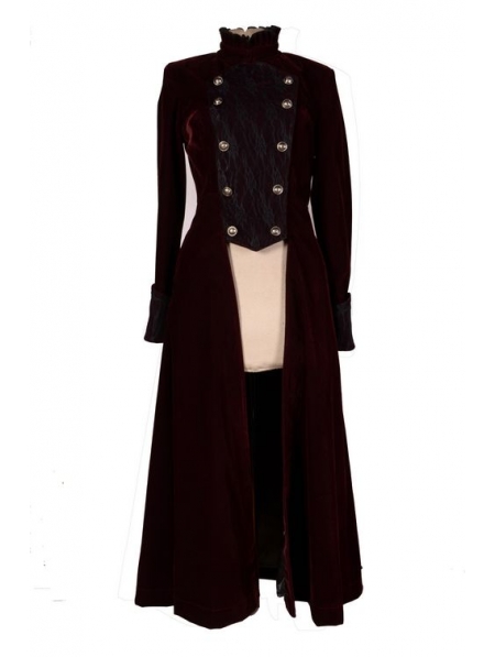 Wine Red Double Breasted Gothic Long Coat for Women - Devilnight.co.uk