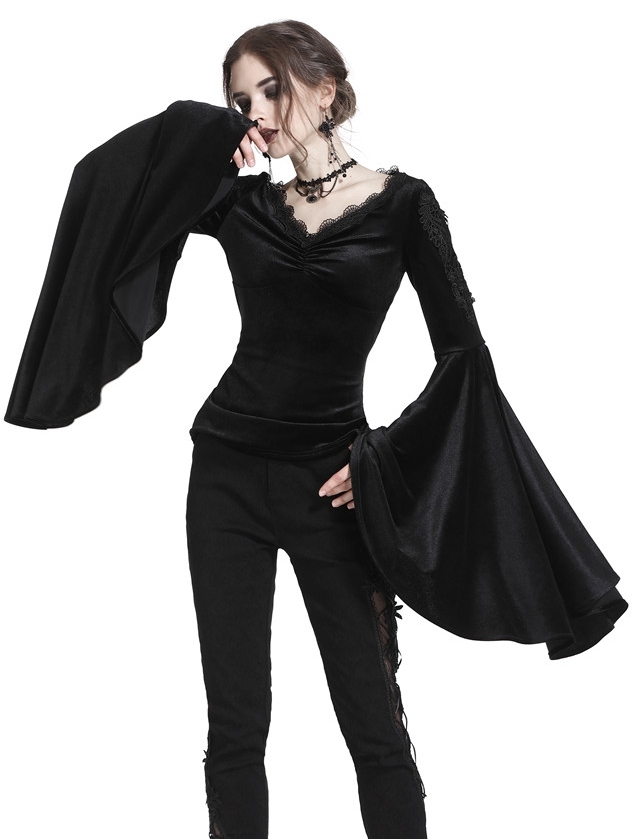 Black Gothic Velvet Long Trumpet Sleeves T-Shirt for Women 