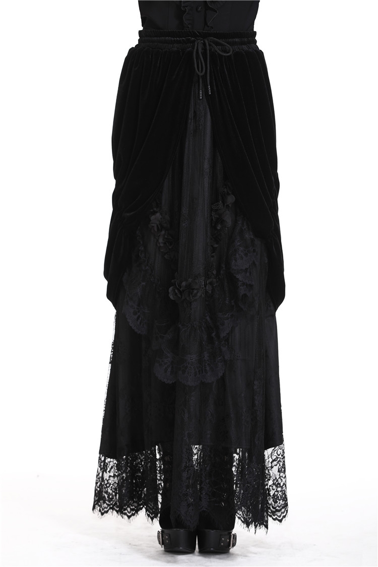 Romantic Gothic Black Velvet Lace Long Skirt