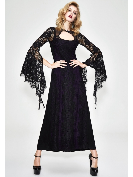 Black and Purple Romantic Gothic Lace Sexy Maxi Dress - Devilnight.co.uk