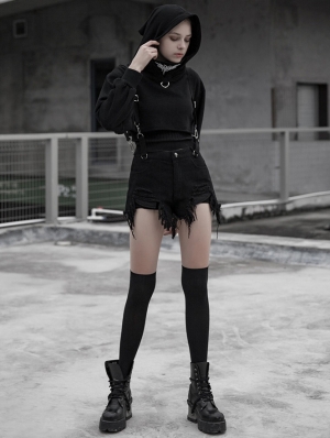 Black Street Gothic Punk Denim Strap Shorts for Women