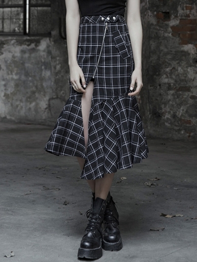 Black and White Street Gothic Punk Irregular Plaid Half Skirt