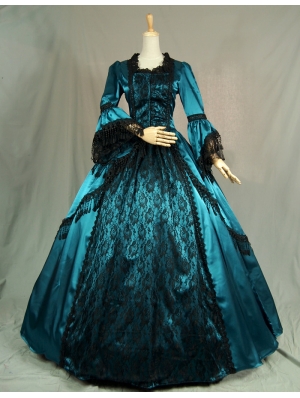 Blue Trumpet Sleeves Victorian Ball Gowns with Black Lace