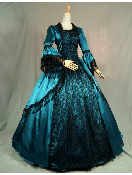 Blue Trumpet Sleeves Victorian Ball Gowns with Black Lace - Devilnight ...