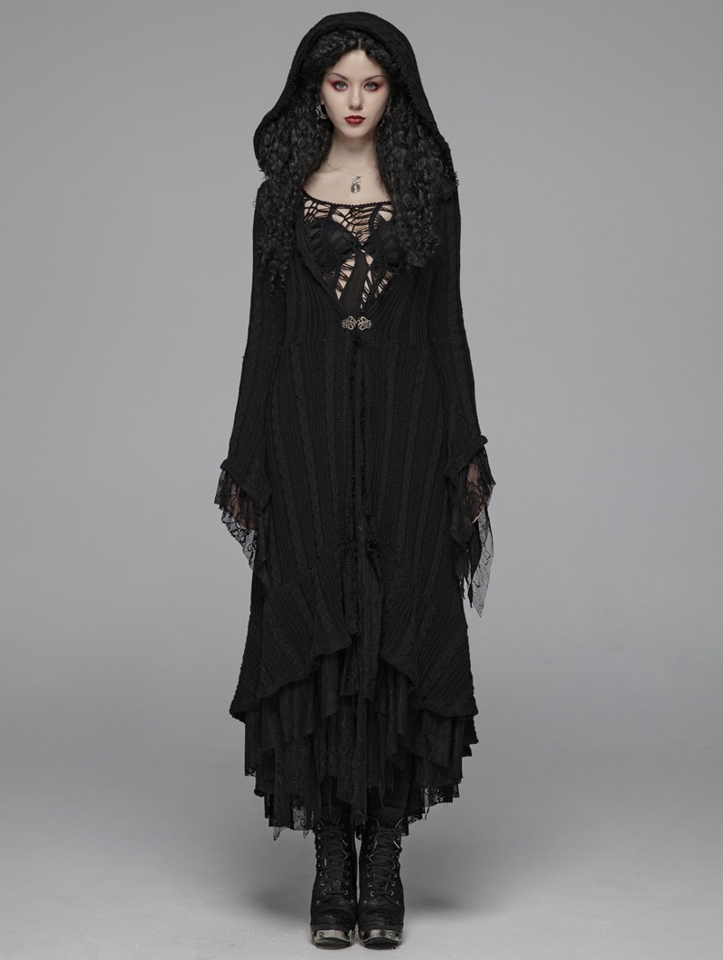 Black Gothic Woolen Long Hooded Cardigan for Women