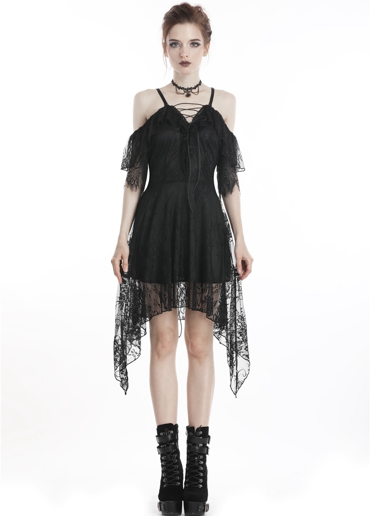 Black Elegant Gothic Lace Off-the-Shoulder Short Dress