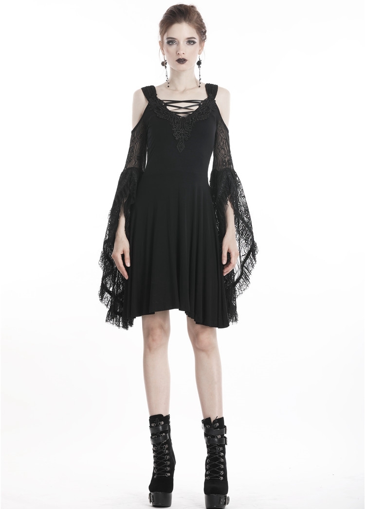 Black Elegant Gothic Lace Off-the-Shoulder Midi Dress