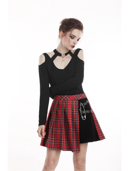 Red Gothic Punk Pleated Grid Irregular Hem Short Skirt - Devilnight.co.uk