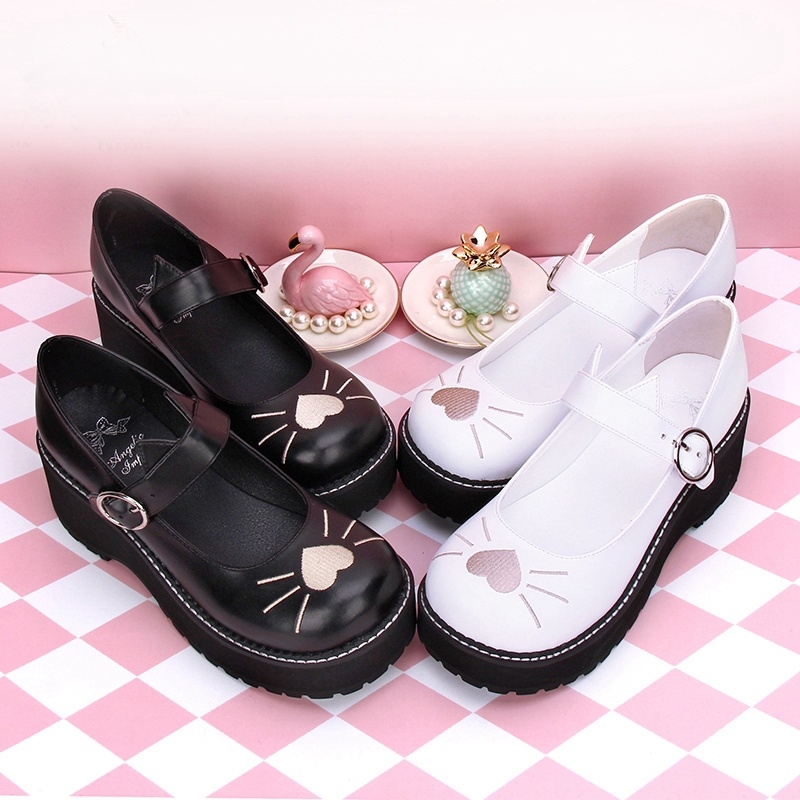 Black/White Sweet Lolita Heart Cat Pattern Shoes