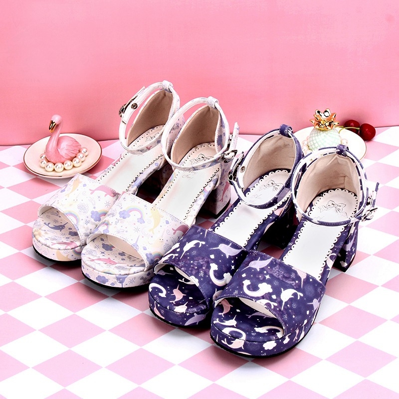 White/Purple Sweet Lolita Fairy Tale Pattern Mid Heel Sandals