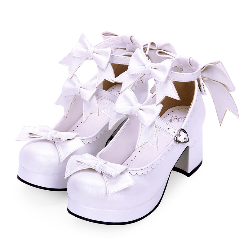 White/Black Sweet Lolita Bow Belt Mid Heel Shoes