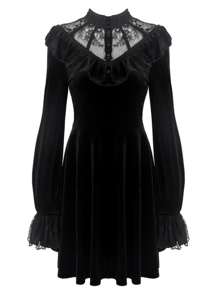 Black Gothic Lolita Long Sleeve Velvet Short Dress - Devilnight.co.uk