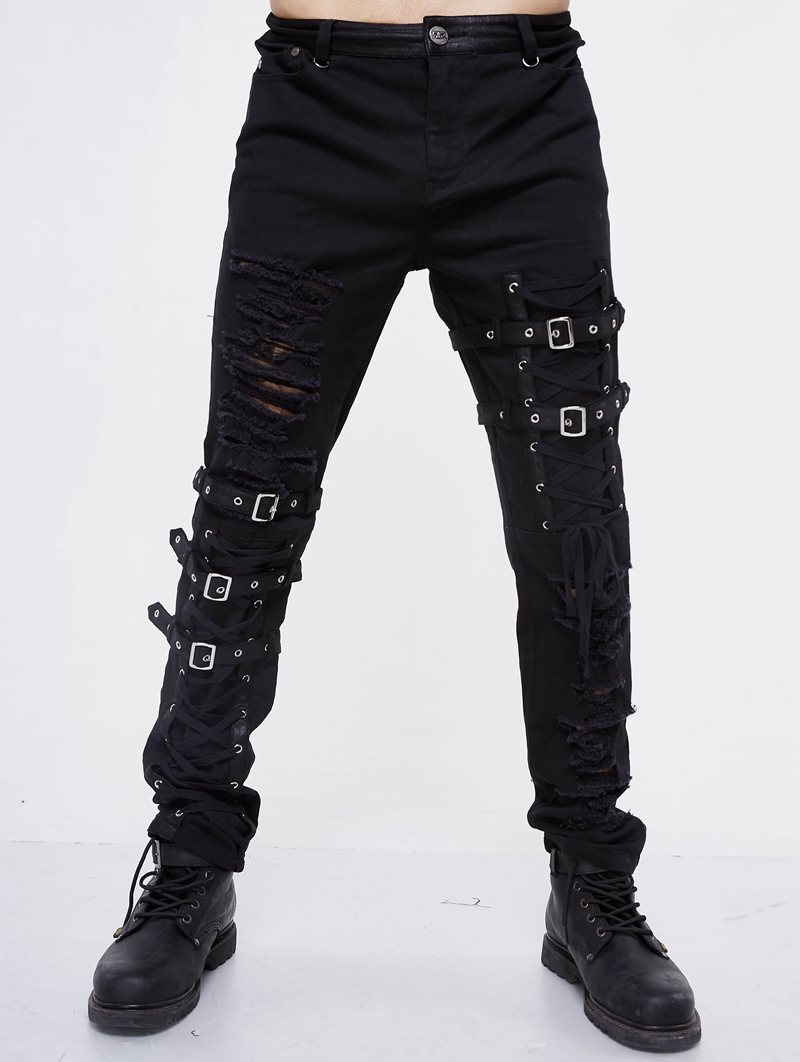 Black Gothic Punk Hole Long Jeans for Men