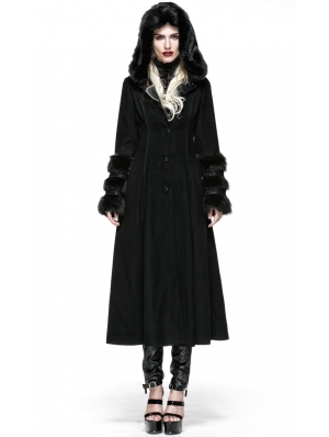 Black Gothic Two Wear Woolen Initation Fur Long Winter Coat for Women