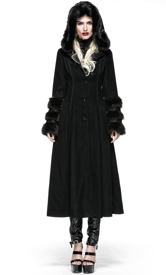 Black Gothic Two Wear Woolen Initation Fur Long Winter Coat for Women