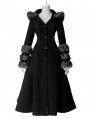 Black Gothic Two Wear Woolen Initation Fur Long Winter Coat for Women