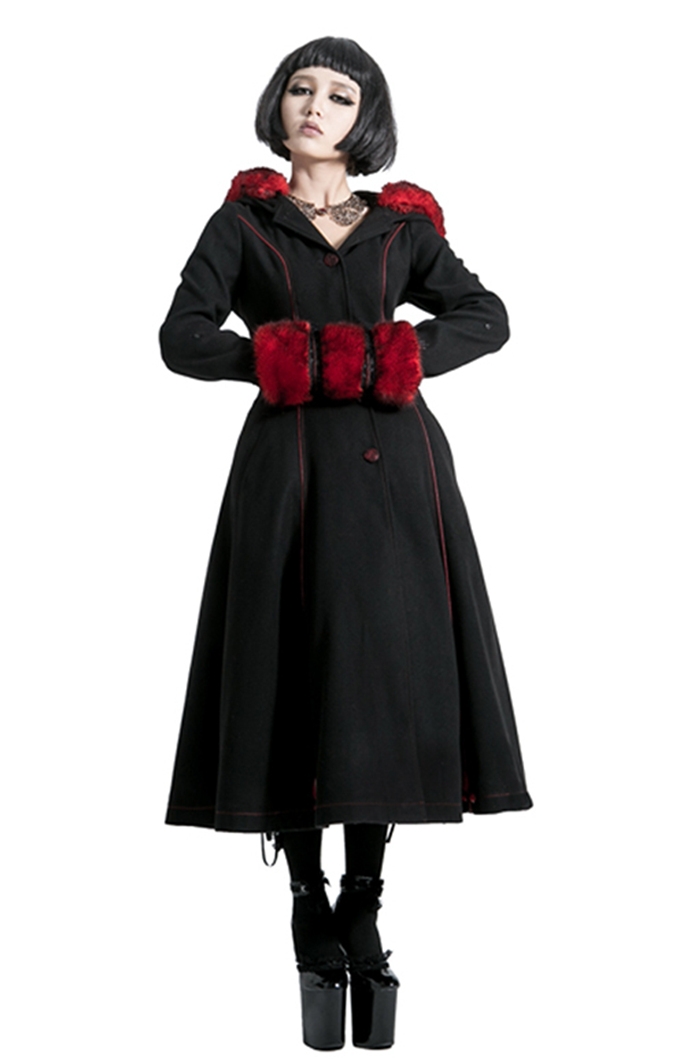 Black and Red Gothic Two Wear Woolen Initation Fur Long Winter Coat for Women