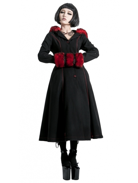 Black and Red Gothic Two Wear Woolen Initation Fur Long Winter Coat for ...