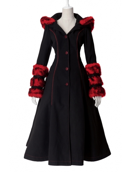 Black and Red Gothic Two Wear Woolen Initation Fur Long Winter Coat for ...