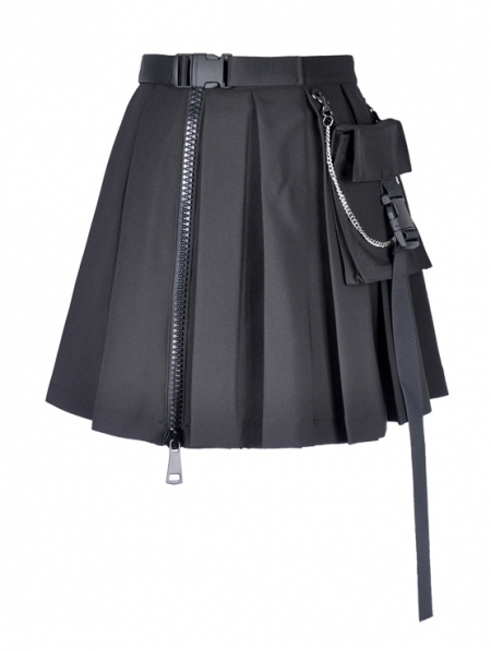 Black Gothic Punk Pleated Short Casual Skirt with Bag - Devilnight.co.uk