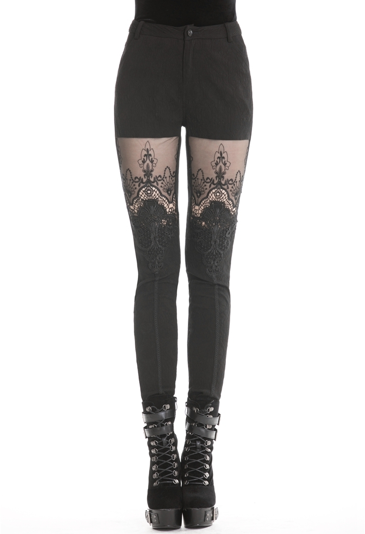 Black Gothic Flower Lace Tight Long Trousers for Women