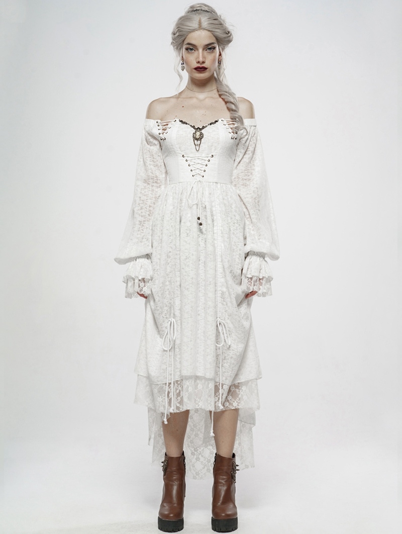 White Vintage Gothic Victory Day Lace High-Low dress