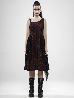 Red Plaid Gothic Punk Rebellious Girl Irregular Dress
