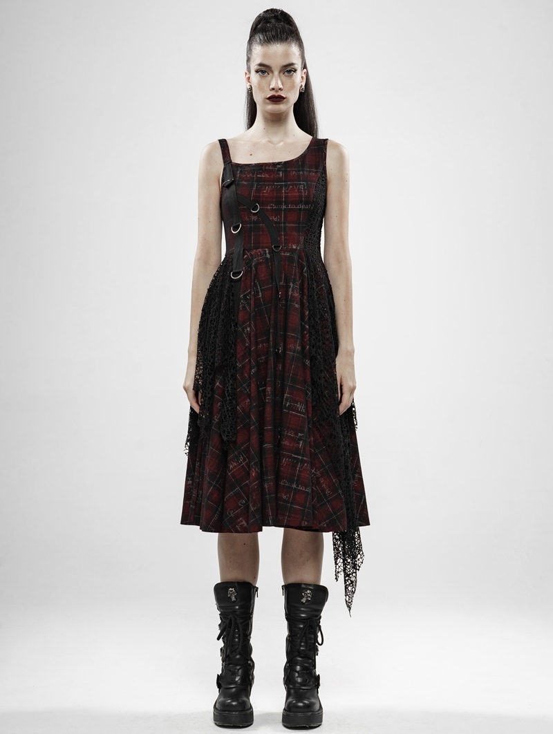 Red Plaid Gothic Punk Rebellious Girl Irregular Dress