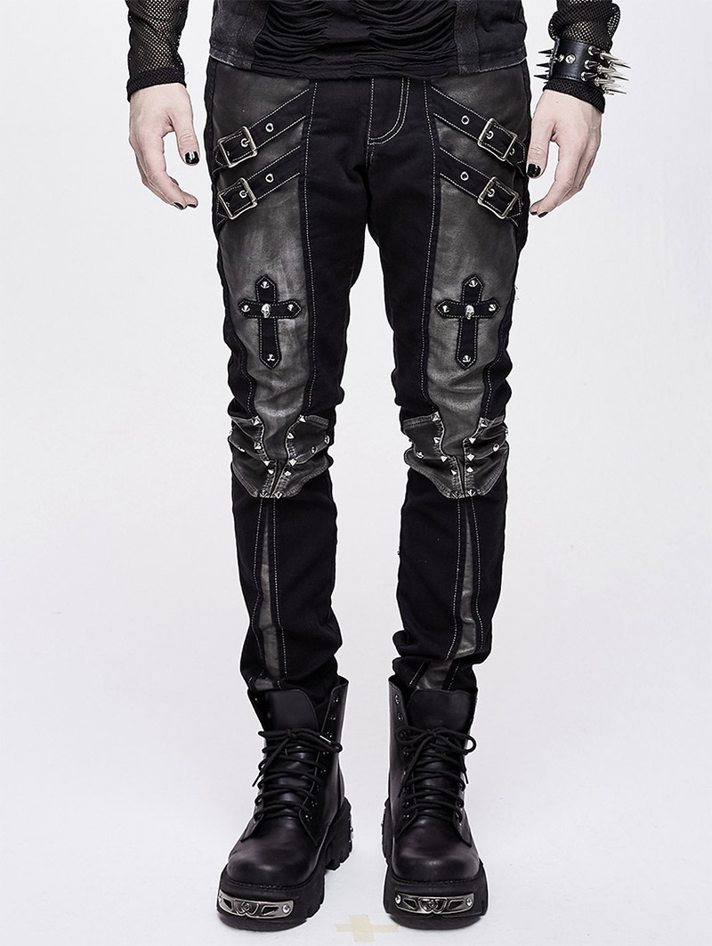 Black and Sliver Gothic Punk Metal Cross Long Trousers for Men