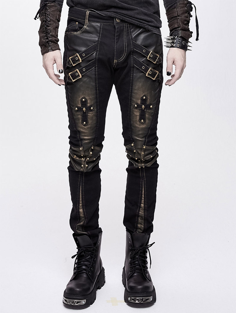 Black and Bronze Gothic Punk Metal Cross Long Trousers for Men