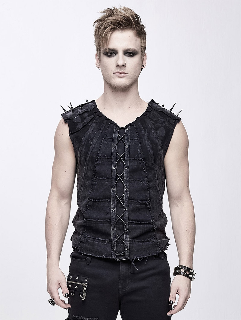 Black Gothic Punk Rock Rivet Sleeveless Vest Top for Men