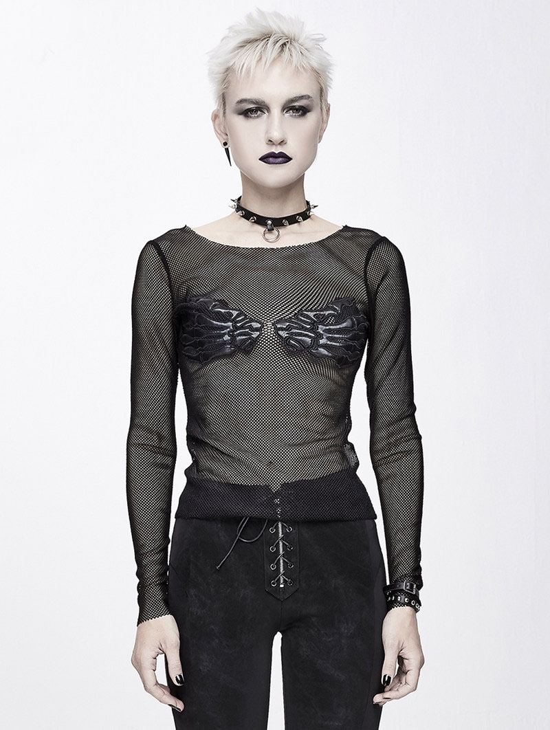 Black Gothic Punk Sexy Transparent Net Long Sleeve T-Shirt for Women