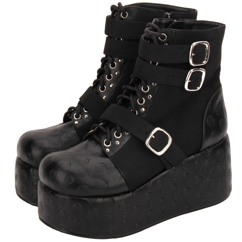 Black Gothic Punk Skull Platform Mid-Calf Boots for Women