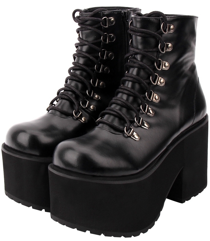 Black Gothic Punk Lace-up Platform Mid-Calf Boots for Women