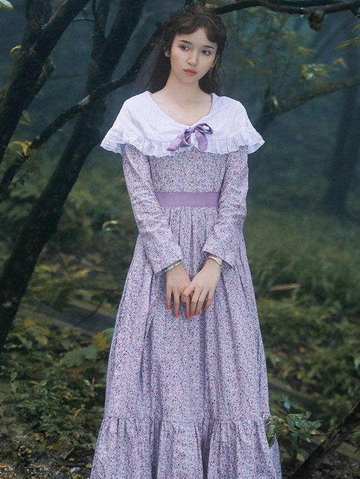 Purple Vintage Long Sleeve Floral Medieval Inspired Long Dress