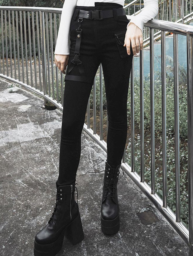 Black Street Fashion Gothic Punk Denim Long Pants for Women