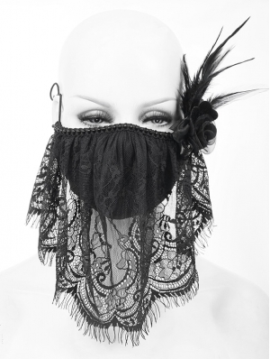 Black Gothic Lace Flower Feather Mask for Women