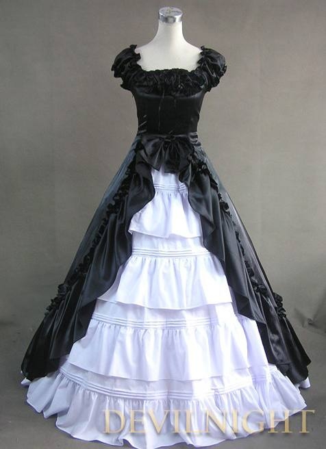 Classic Black and White Short Sleeves Bow Gothic Victorian Dress