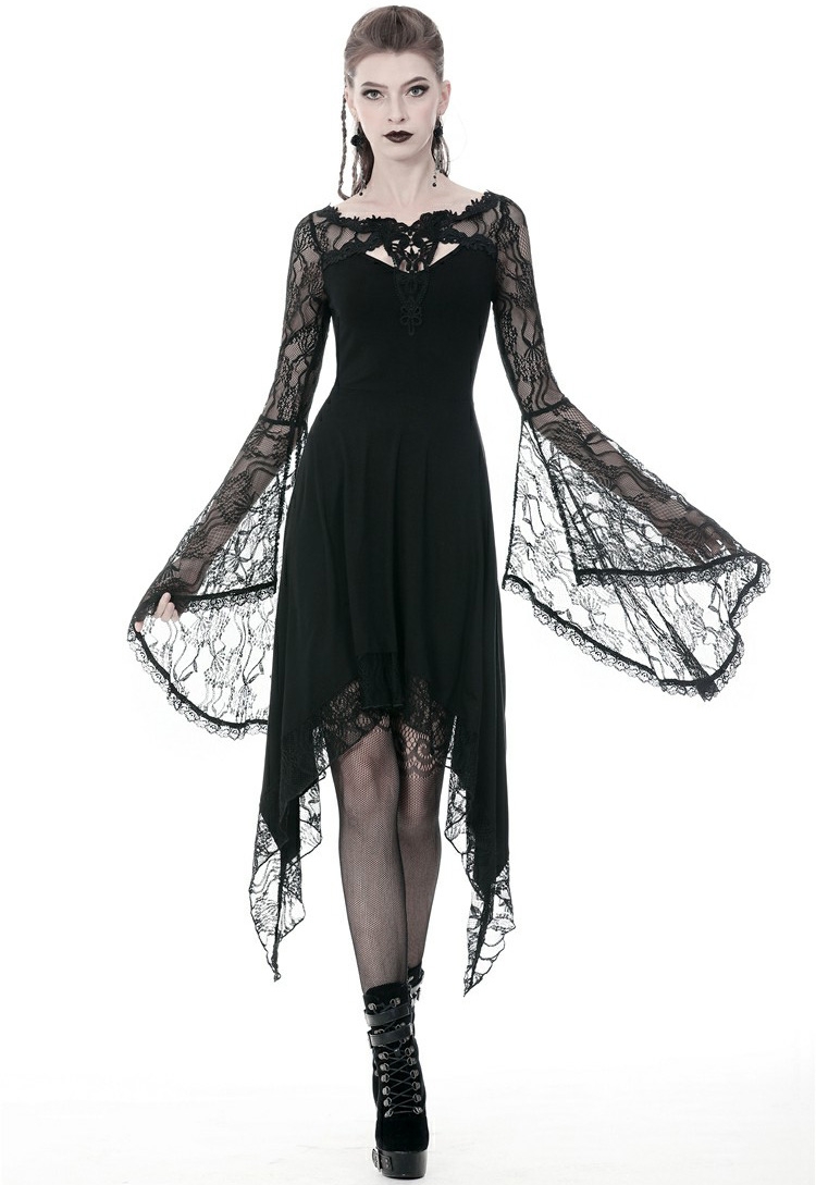 Black Gothic Lace Long Sleeve Asymmetrical Dress